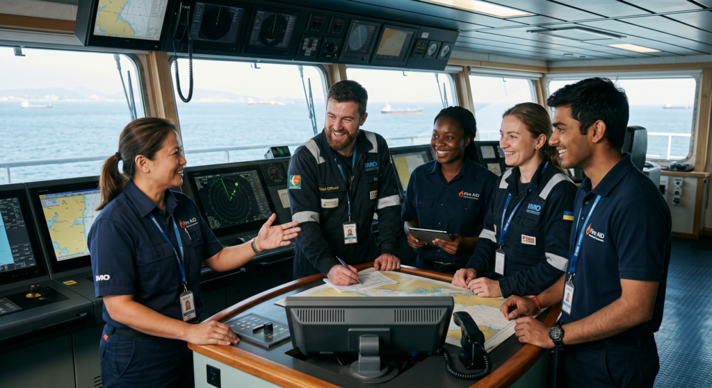 Ship crew members gather on bridge, smiling