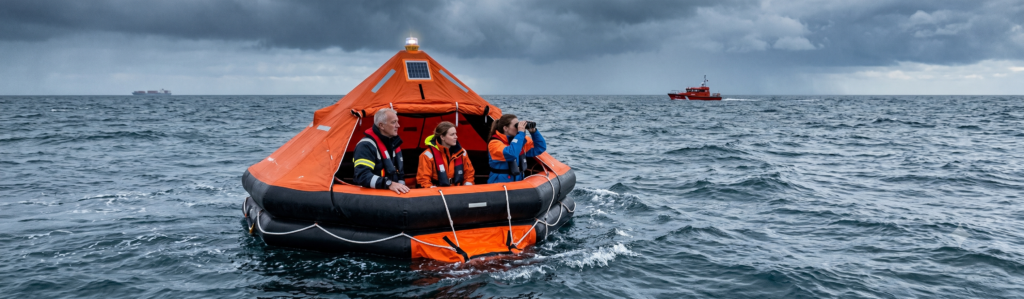 Three people wearing life jackets sit in an enclosed orange and black inflatable liferaft on a turbulent, grey sea. A large freighter ship is on the left horizon, and a smaller red and white rescue boat is on the right horizon, both under a dark, stormy sky.